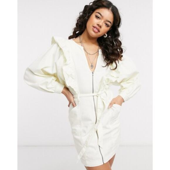 Free People S cream denim ruffle Mini Dress - Picture 1 of 4